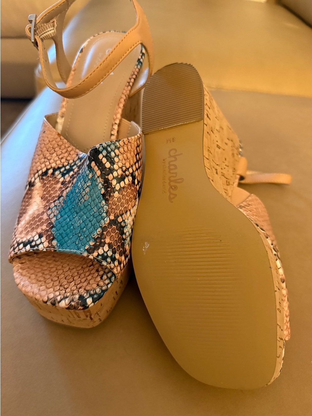 Charles By Charles David Tan & Teal Snake-Print Cork Wedge Sandals